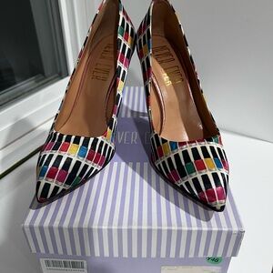 Never Ever Satin Multicolor Nail Polish Print Women's Heels Pump 37 Fits US6